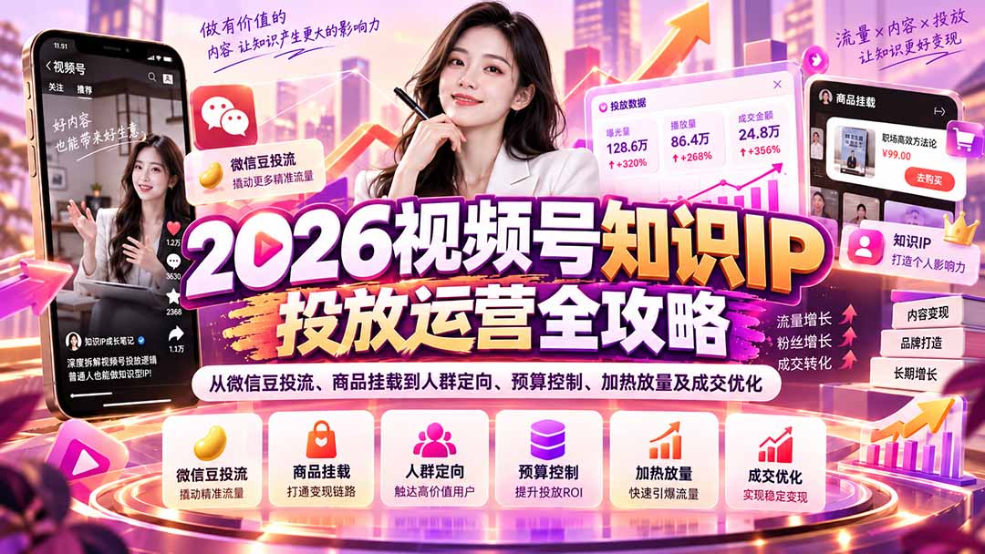 2026视频号知识IP投放运营全攻略：从微信豆投流、商品挂载到人群定向、预算控制、加热放量及成交优化-造梦栈
