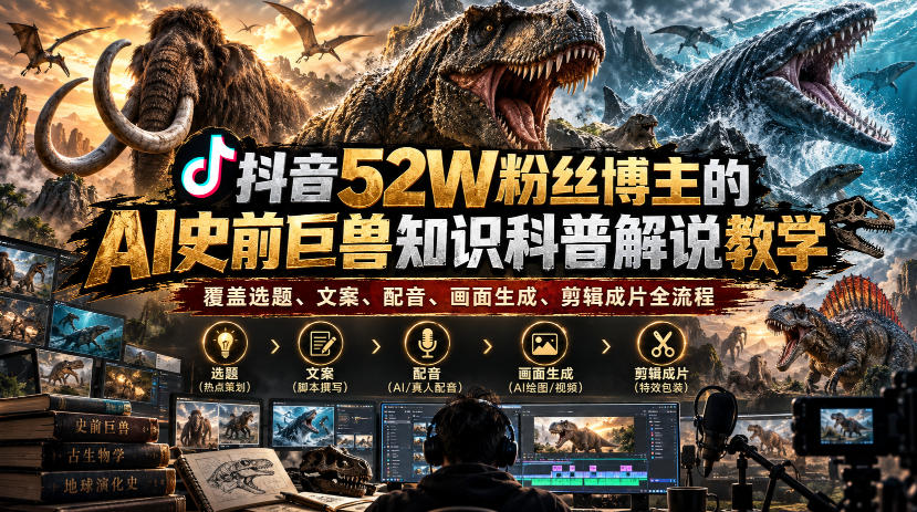 抖音52W粉丝博主的AI史前巨兽知识科普解说教学，覆盖选题、文案、配音、画面生成、剪辑成片全流程-造梦栈