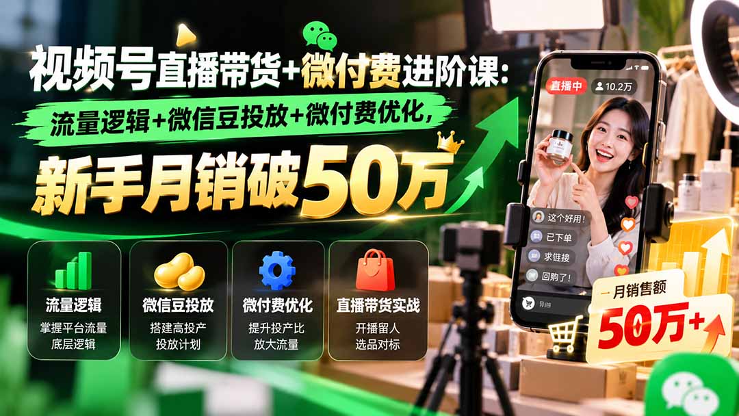 视频号直播带货+微付费进阶课-更新1010：流量逻辑+微信豆投放+微付费优化，新手月销破50万-造梦栈