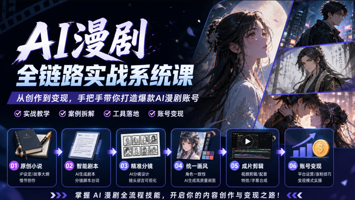 AI漫剧全链路实战系统课｜原创小说、智能剧本、精准分镜、统一画风、成片剪辑、账号变现实操教学(更新1018)-造梦栈