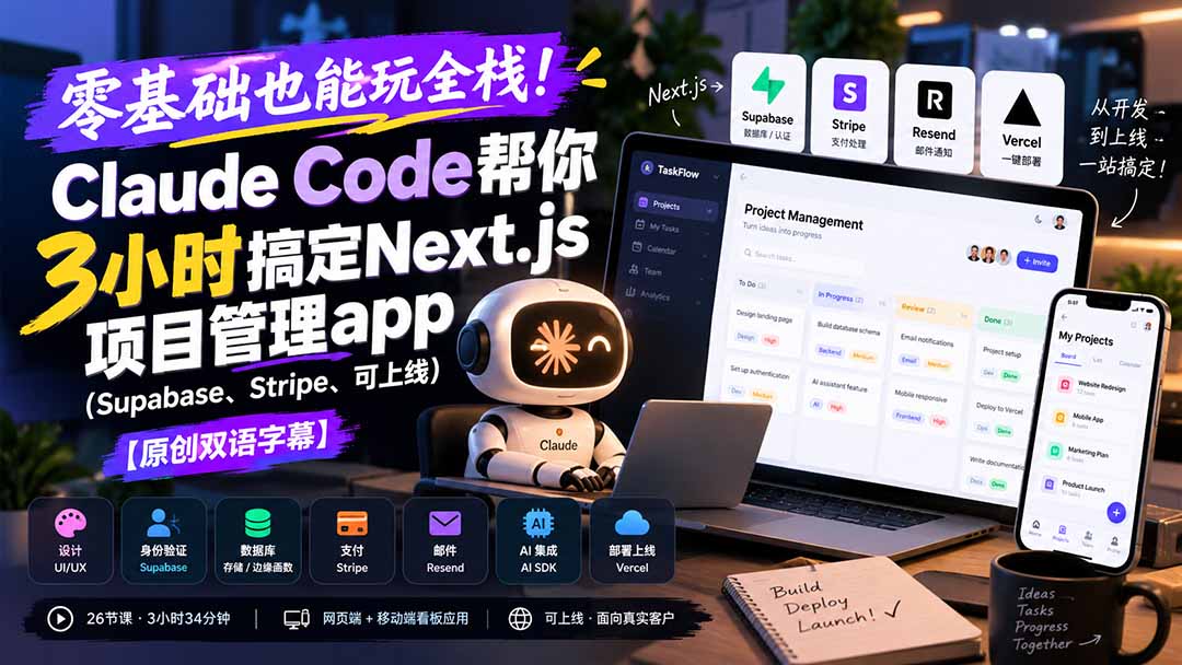 零基础也能玩全栈！Claude Code帮你3小时搞定Next.js项目管理app(Supabase、Stripe、可上线-造梦栈