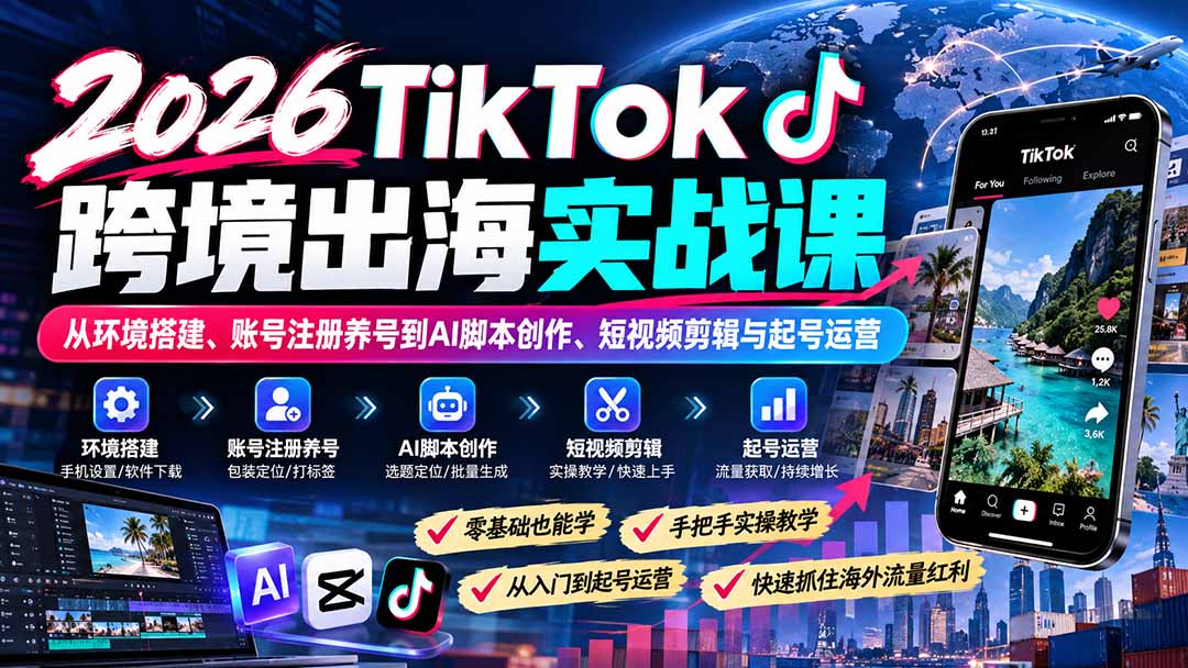 2026TikTok跨境出海实战课：从环境搭建、账号注册养号到AI脚本创作、短视频剪辑与起号运营-造梦栈