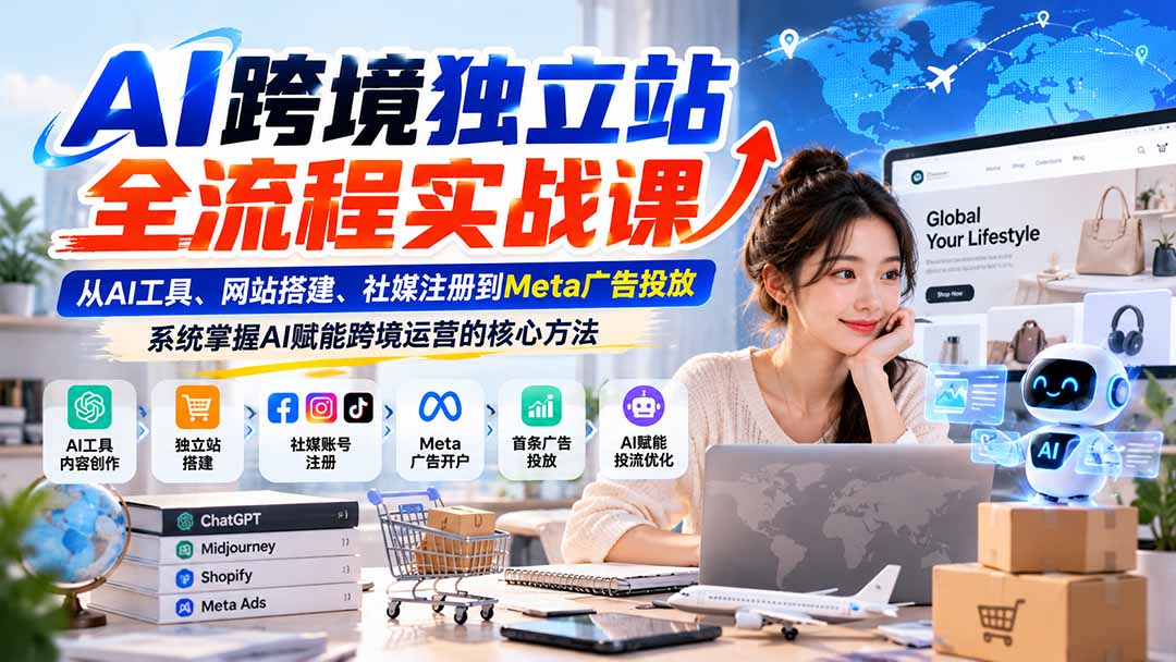 AI跨境独立站全流程实战课：从AI工具、网站搭建、社媒注册到Meta广告投放，系统掌握AI赋能跨境运营的核心方法-造梦栈