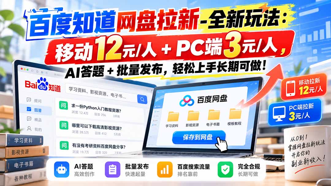 百度知道网盘拉新-全新玩法：移动12元/人+PC端3元/人，AI答题+批量发布，轻松上手长期可做！-造梦栈