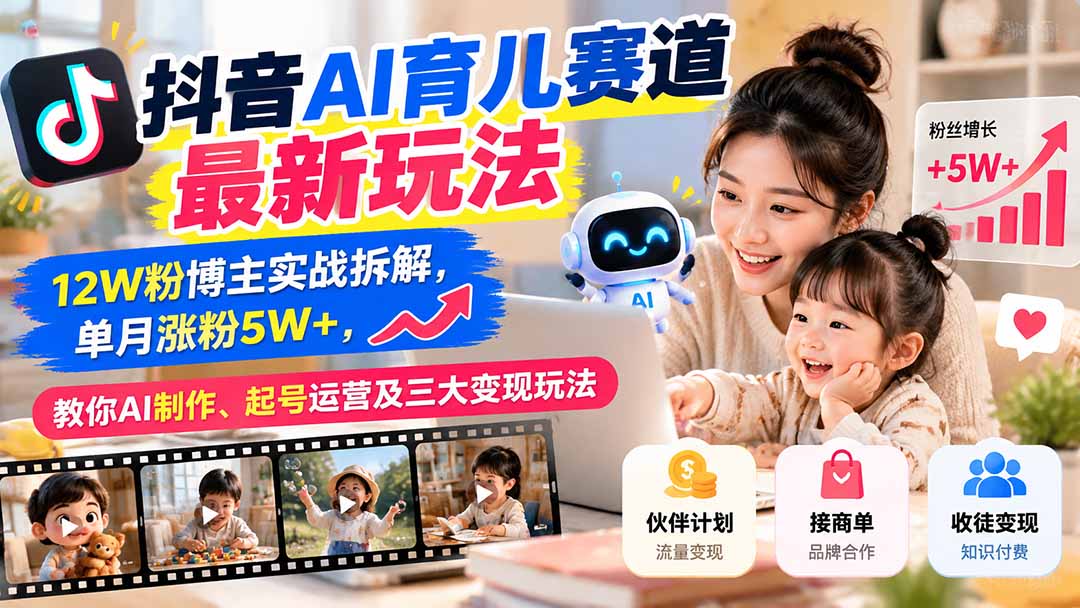 抖音AI育儿赛道最新玩法：12W粉博主实战拆解，单月涨粉5W+，教你AI制作、起号运营及三大变现玩法-造梦栈
