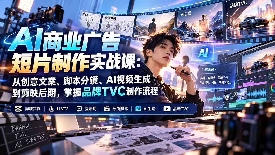 AI商业广告短片制作实战课：从创意文案、脚本分镜、AI视频生成到剪映后期，掌握品牌TVC制作流程-造梦栈