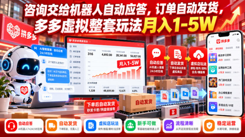 咨询交给机器人自动应答，订单自动发货，多多虚拟整套玩法月入1-5W【揭秘】-造梦栈