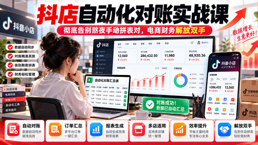 抖店自动化对账实战课，彻底告别熬夜手动拼表对，账电商财务解放双手-造梦栈