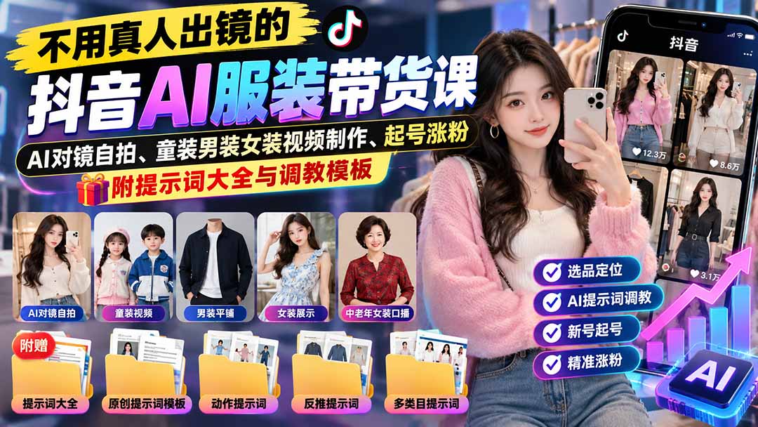 不用真人出镜的抖音AI服装带货课：AI对镜自拍、童装男装女装视频制作、起号涨粉，附提示词大全与调教模板-造梦栈