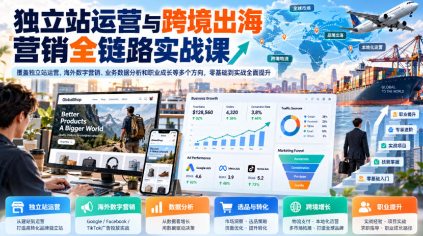 独立站运营与跨境出海营销全链路实战课，覆盖独立站运营、海外数字营销、业务数据分析和职业成长等多个方向，零基础到实战全面提升-造梦栈