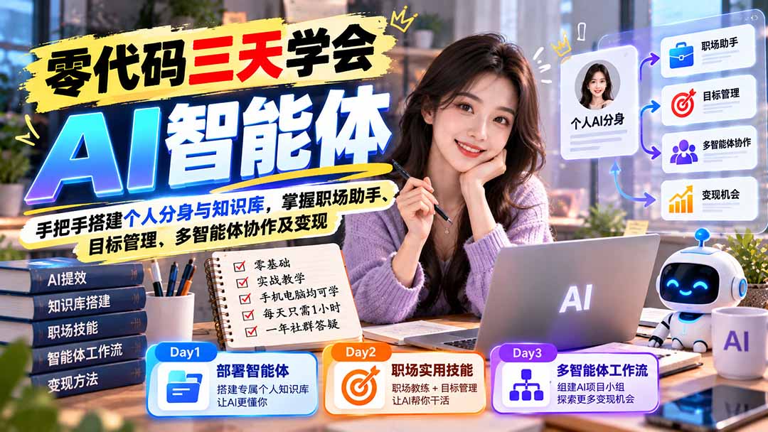 【无水印】零代码三天学会AI智能体：手把手搭建个人分身与知识库，掌握职场助手、目标管理、多智能体协作及变现-造梦栈