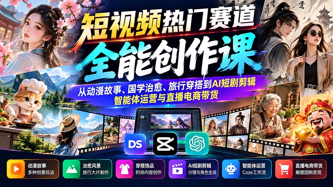 短视频热门赛道全能创作课：从动漫故事、国学治愈、旅行穿搭到AI短剧剪辑、智能体运营与直播电商带货-造梦栈