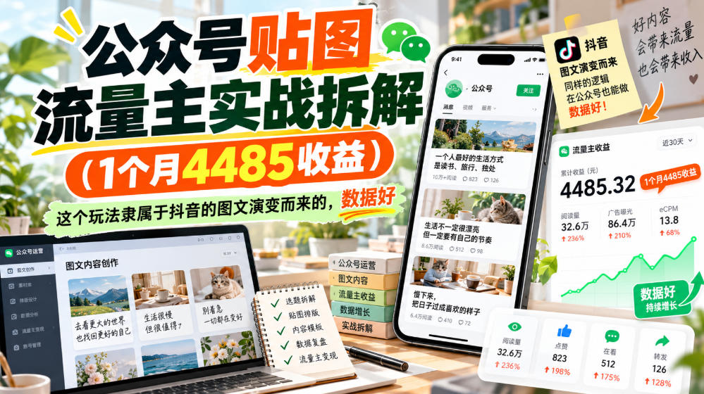 公众号贴图流量主实战拆解(1个月4485收益)，这个玩法隶属于抖音的图文演变而来的，数据好-造梦栈