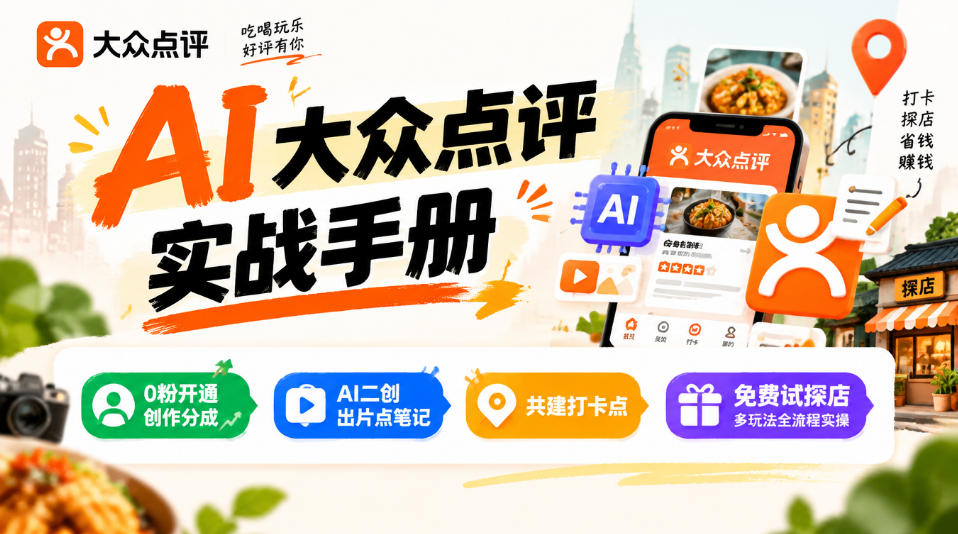 某局的AI大众点评实战手册，0粉开通创作分成、AI二创出片点笔记、共建打卡点、免费试探店多玩法全流程实操-造梦栈