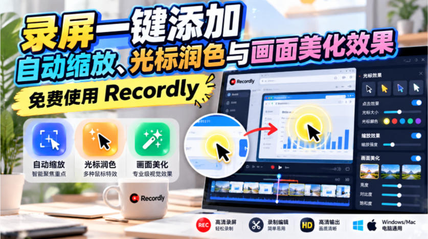录屏一键添加自动缩放、光标润色与画面美化效果，免费使用Recordly-造梦栈
