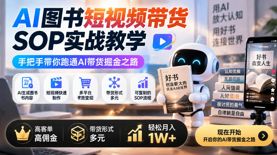 AI图书短视频带货SOP实战教学，手把手带你跑通AI带货掘金之路，高客单高佣金，带货形式多元，轻松月入1W+-造梦栈
