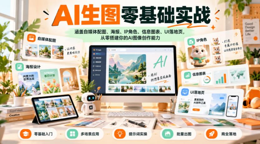 AI生图零基础实战，涵盖自媒体配图、海报、IP角色、信息图表、UI落地页，从零搭建你的AI图像创作能力-造梦栈