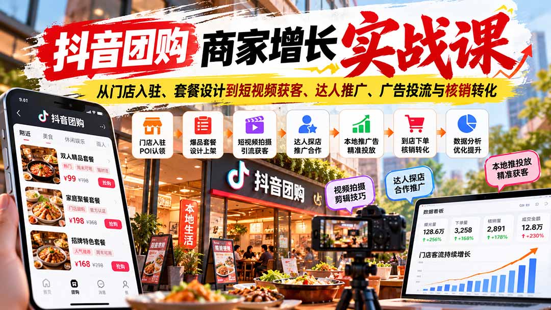 抖音团购商家增长实战课：从门店入驻、套餐设计到短视频获客、达人推广、广告投流与核销转化-造梦栈