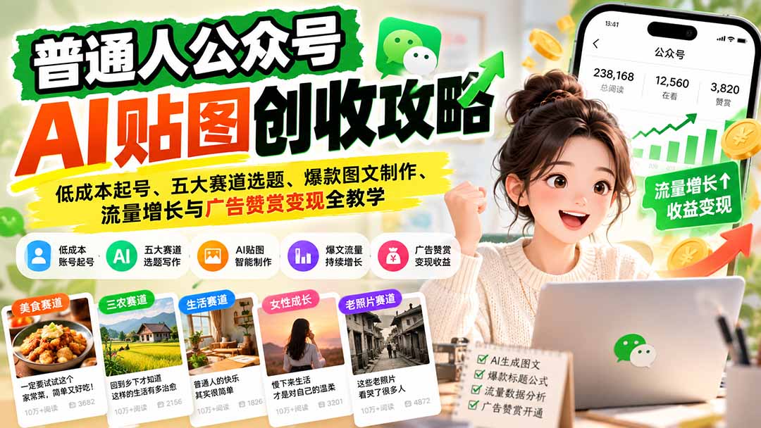 普通人公众号AI贴图创收攻略：低成本起号、五大赛道选题、爆款图文制作、流量增长与广告赞赏变现全教学-造梦栈
