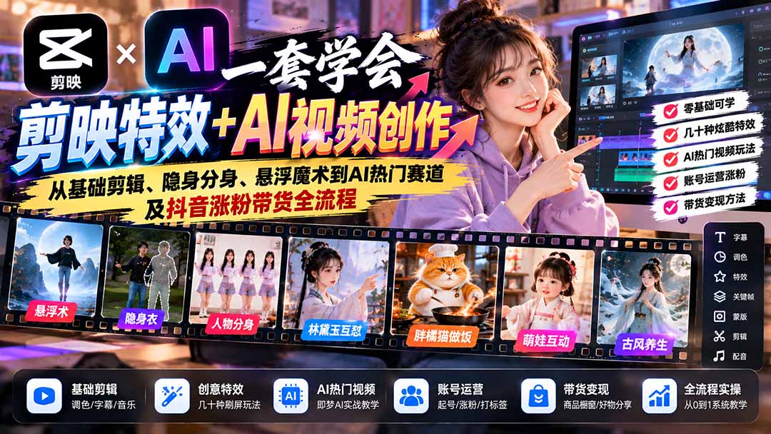一套学会剪映特效+AI视频创作：从基础剪辑、隐身分身、悬浮魔术到AI热门赛道及抖音涨粉带货全流程-造梦栈