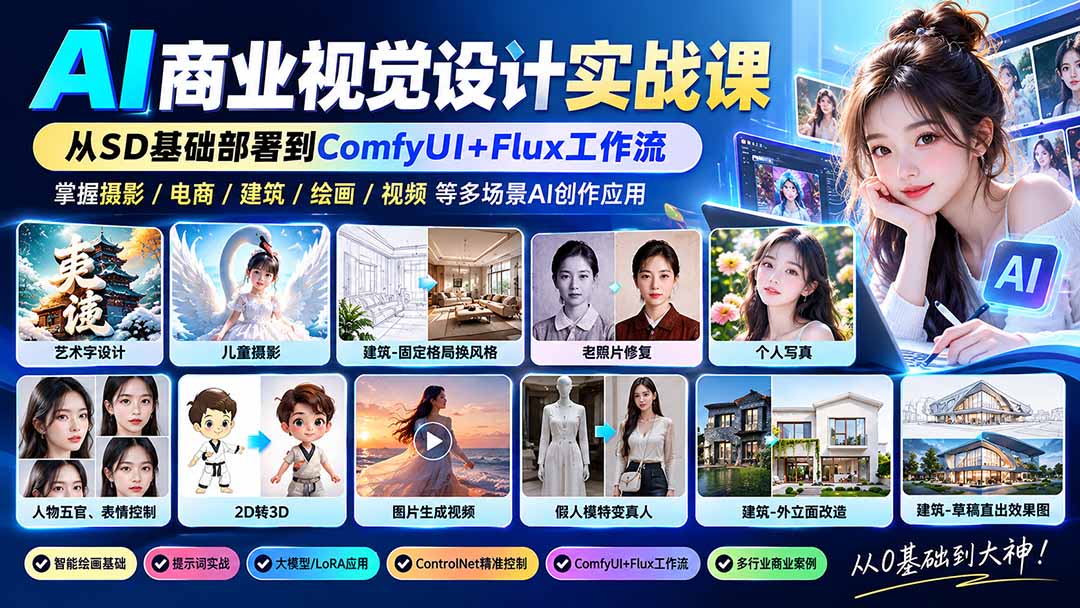 【无水印】AI商业视觉设计实战课：从SD基础部署到ComfyUI+Flux工作流，掌握摄影电商建筑AI创作-造梦栈