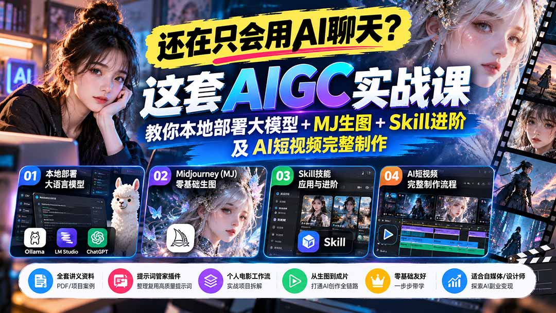 【无水印】还在只会用AI聊天？这套AIGC实战课教你本地部署大模型+MJ生图+Skill进阶及AI短视频完整制作-造梦栈