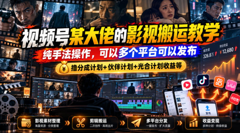 视频号某大佬的影视搬运教学，纯手法操作，可以多个平台可以发布，撸分成计划+伙伴计划+光合计划收益等-造梦栈
