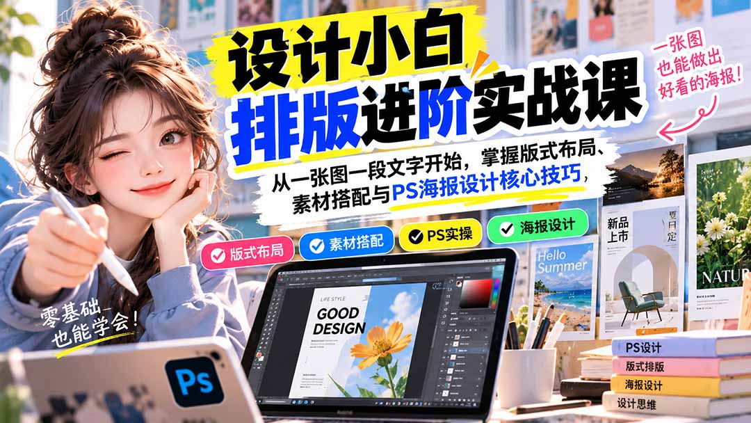 设计小白排版进阶实战课：从一张图一段文字开始，掌握版式布局、素材搭配与PS海报设计核心技巧-造梦栈