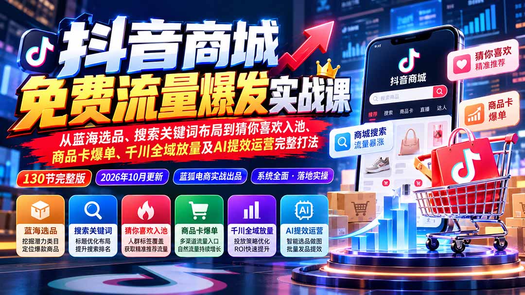 抖音商城免费流量爆发实战：从蓝海选品、搜索关键词布局到猜你喜欢入池、商品卡爆单、千川全域放量及AI提效完整打法-造梦栈