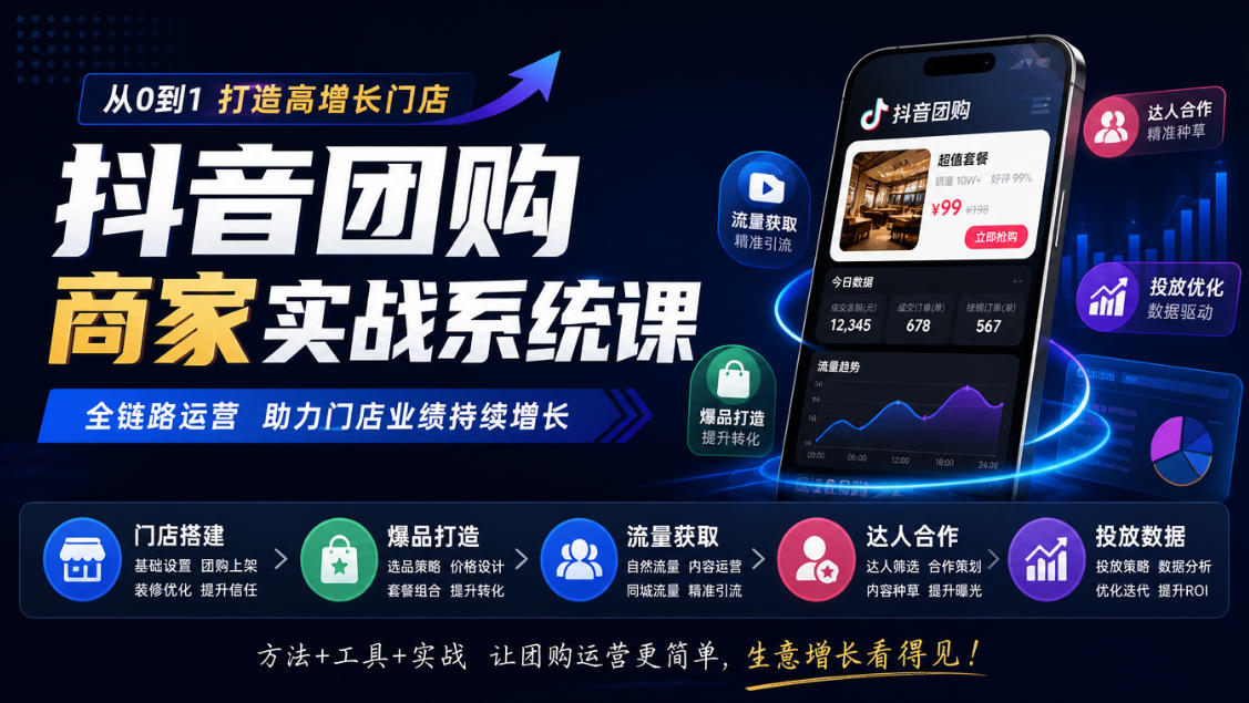 抖音团购商家实战系统课｜门店搭建、爆品打造、流量获取、达人合作、投放数据全链路运营-造梦栈