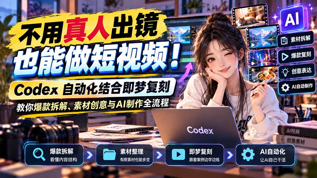 不用真人出镜也能做短视频！Codex自动化结合即梦复刻，教你爆款拆解、素材创意与AI制作全流程-造梦栈