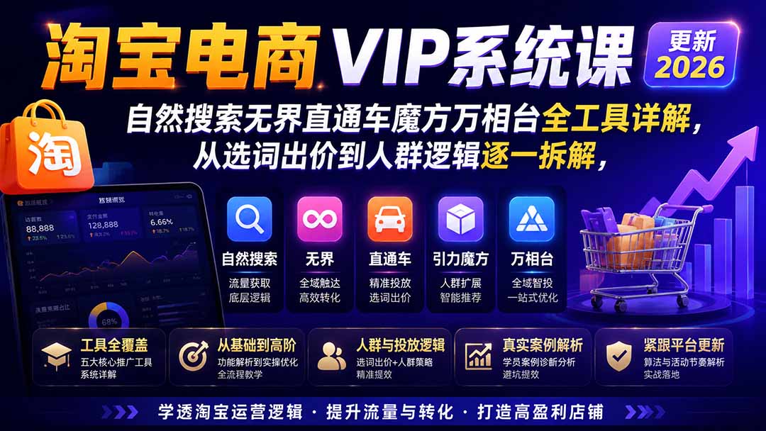 2026淘宝电商终局之战VIP课-更新1022：自然搜索+直通车+无界+精准人群，系统掌握测款动销与全店推广布局方法-造梦栈
