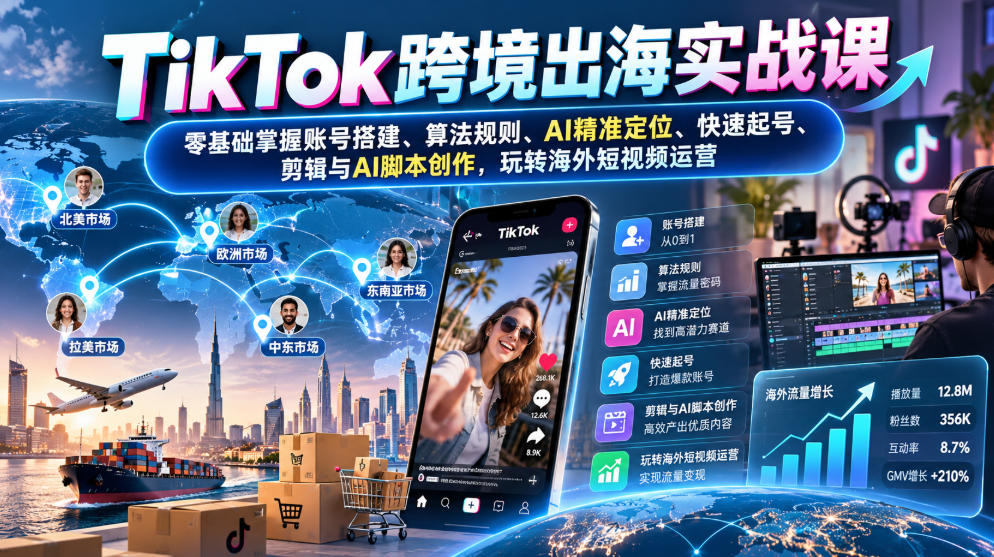 TikTok跨境出海实战课：零基础掌握账号搭建、算法规则、AI精准定位、快速起号、剪辑与AI脚本创作，玩转海外短视频运营-造梦栈