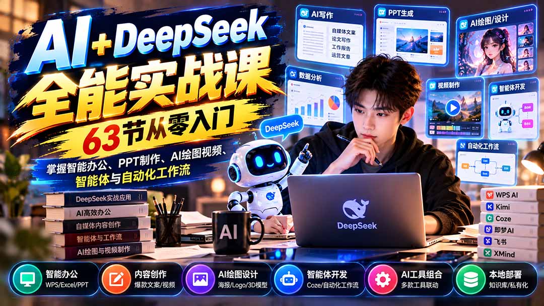 AI+DeepSeek全能实战课：63节从零入门，掌握智能办公、PPT制作、AI绘图视频、智能体与自动化工作流-造梦栈