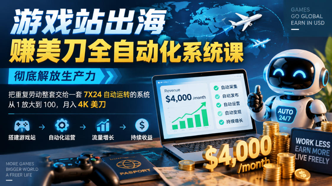 游戏站出海賺美刀全自动化系统课，彻底解放生产力–把重复劳动整套交给一套7X24自动运转的系统，从1放大到100，月入4K美刀-造梦栈