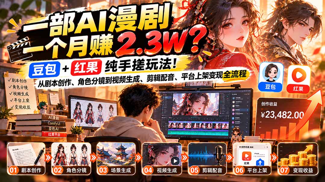 一部AI漫剧一个月赚2.3W？豆包+红果纯手搓玩法！从剧本创作、角色分镜到视频生成、剪辑配音、平台上架变现全流程-造梦栈