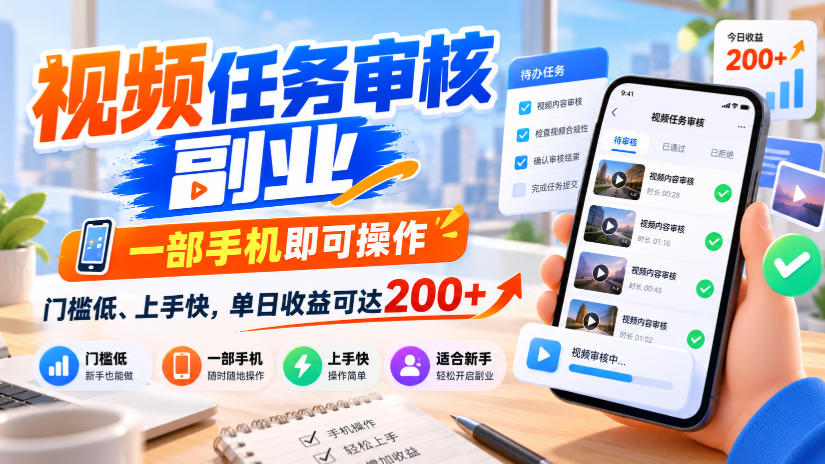视频任务审核副业，一部手机即可操作，门槛低、上手快，单日收益可达200+【揭秘】-造梦栈