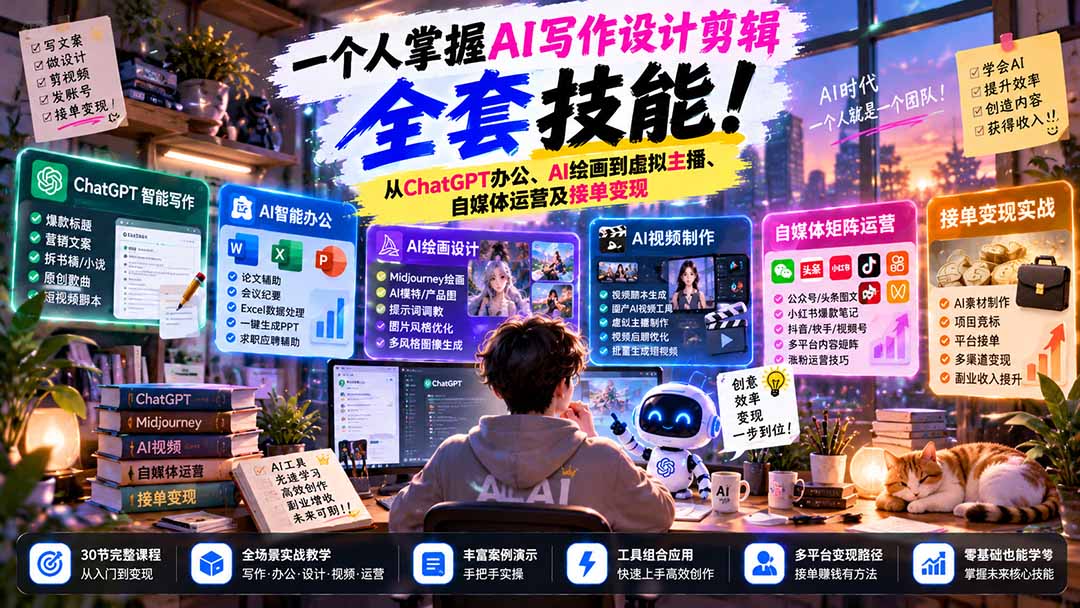 一个人掌握AI写作设计剪辑全套技能：从ChatGPT办公、AI绘画到虚拟主播、自媒体运营及接单变现-造梦栈