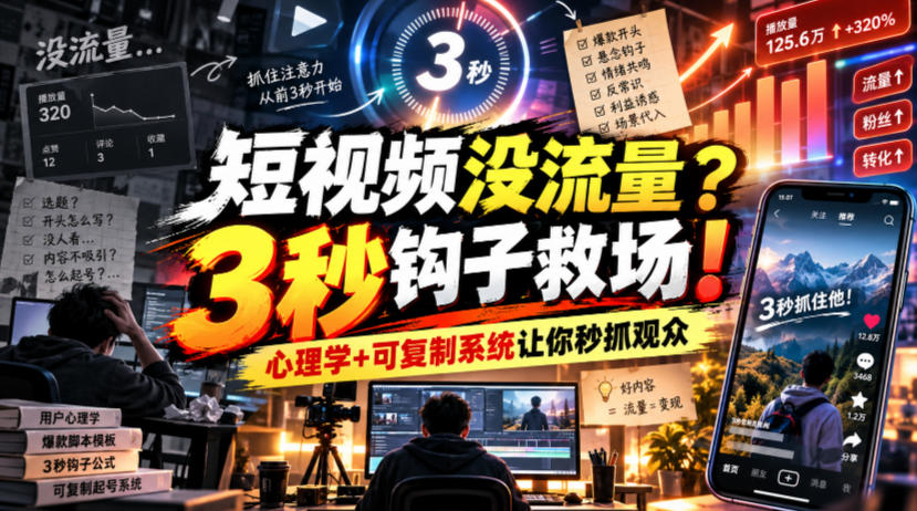 【无水印】短视频没流量？3秒钩子救场！心理学+可复制系统让你秒抓观众【原创双语字幕】-造梦栈