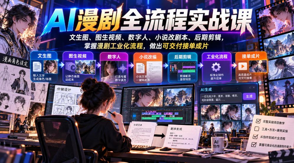 AI漫剧全流程实战课，文生图、图生视频、数字人、小说改剧本、后期剪辑，掌握漫剧工业化流程，做出可交付接单成片-造梦栈