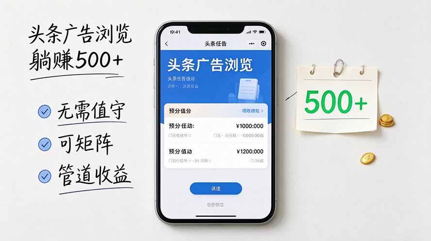 头条广告浏览躺赚500+无需值守,可矩阵并附有管道收益-造梦栈