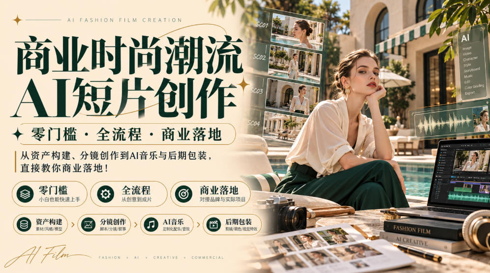商业时尚潮流AI短片创作｜零门槛・全流程・商业落地，从资产构建、分镜创作到AI音乐与后期包装，直接教你商业落地！-造梦栈
