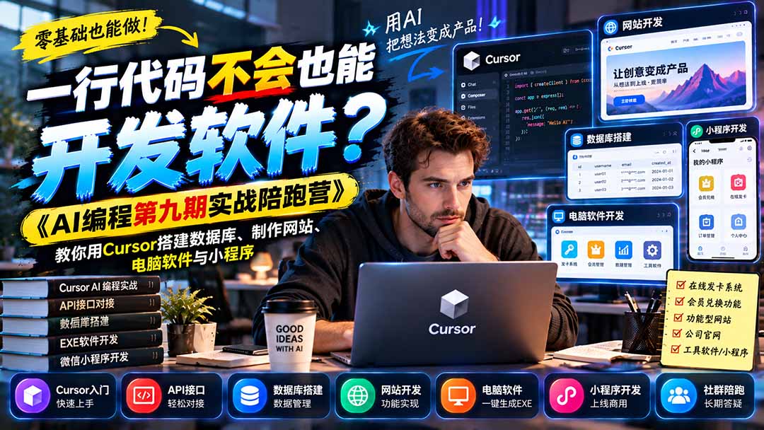一行代码不会也能开发软件？《AI编程第九期实战陪跑营》教你用Cursor搭建数据库、制作网站、电脑软件与小程序-造梦栈