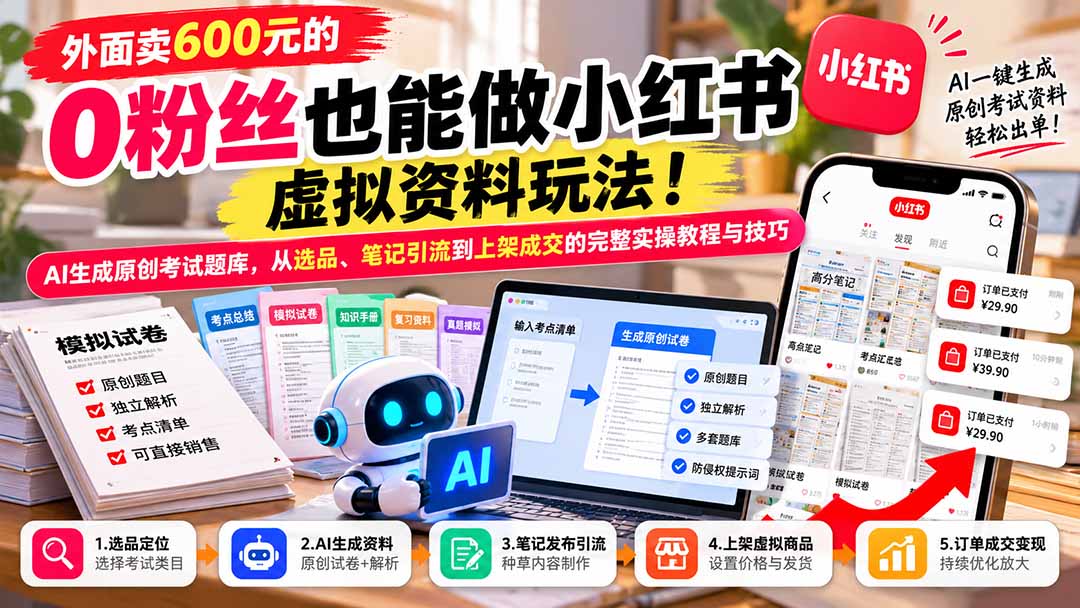 外面卖600元的 零粉丝也能做小红书虚拟资料玩法！AI生成原创考试题库，从选品、笔记引流到上架成交的完整实操教程-造梦栈