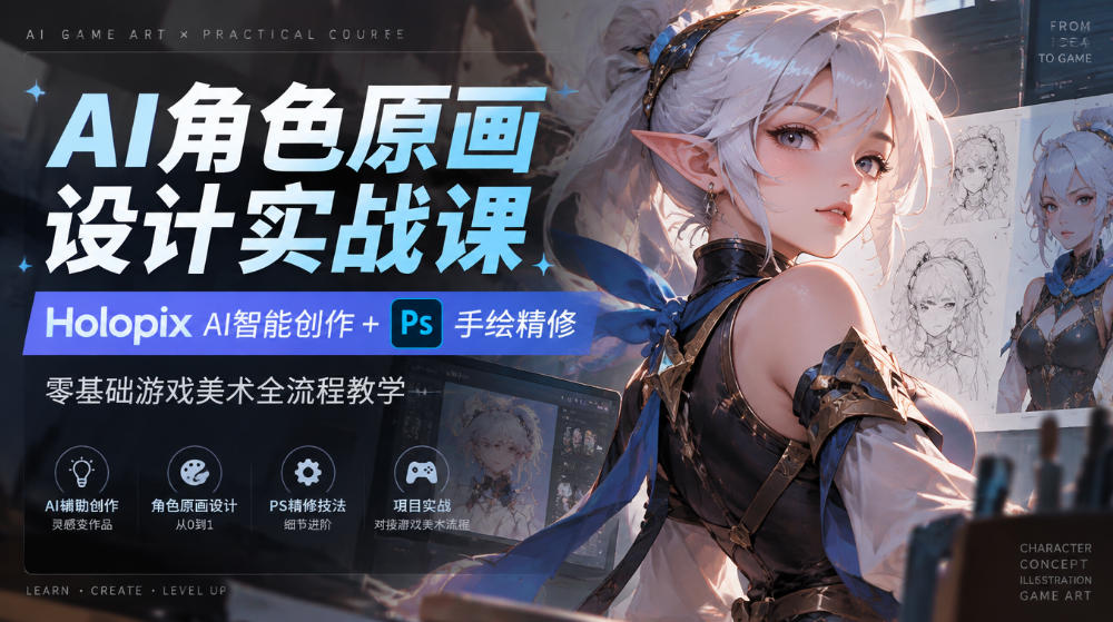 AI角色原画设计实战课｜Holopix AI智能创作+PS手绘精修，零基础游戏美术全流程教学-造梦栈