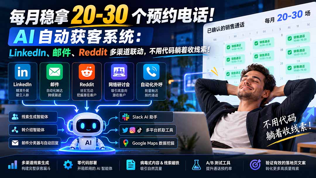 每月稳拿 20-30 个预约电话！AI 自动获客系统：LinkedIn、邮件、Reddit 多渠道联动，不用代码躺着收线索！-造梦栈