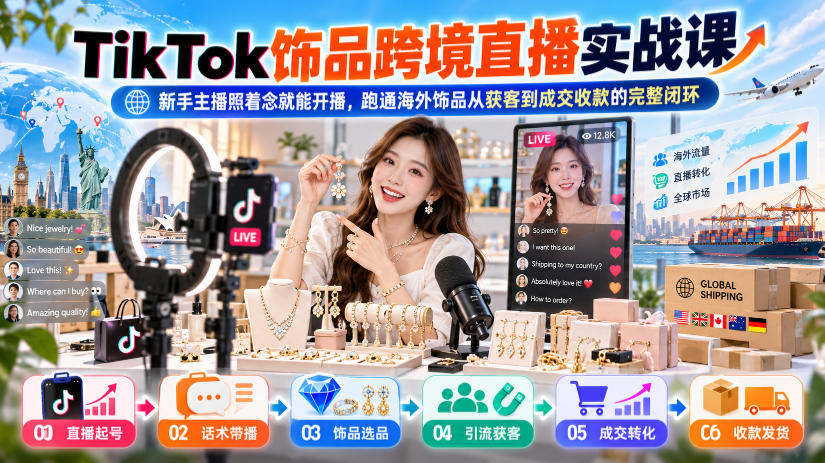 TikTok饰品跨境直播实战课，新手主播照着念就能开播，跑通海外饰品从获客到成交收款的完整闭环-造梦栈
