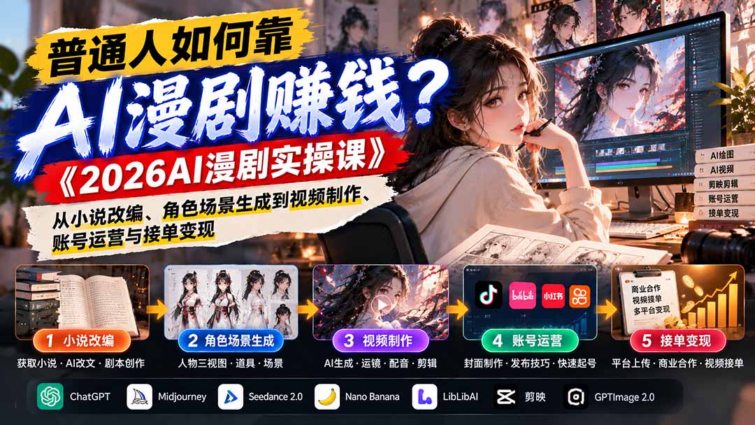 普通人如何靠AI漫剧赚钱？《2026AI漫剧实操课》从小说改编、角色场景生成到视频制作、账号运营与接单变现-造梦栈