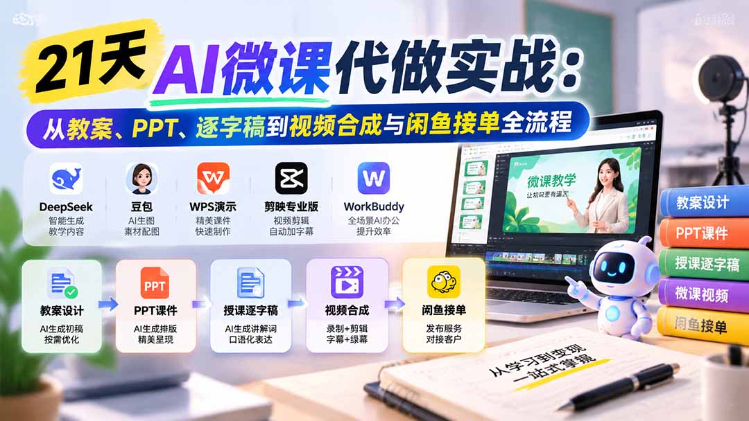 21天AI微课代做实战：从教案、PPT、逐字稿到视频合成与闲鱼接单全流程-造梦栈