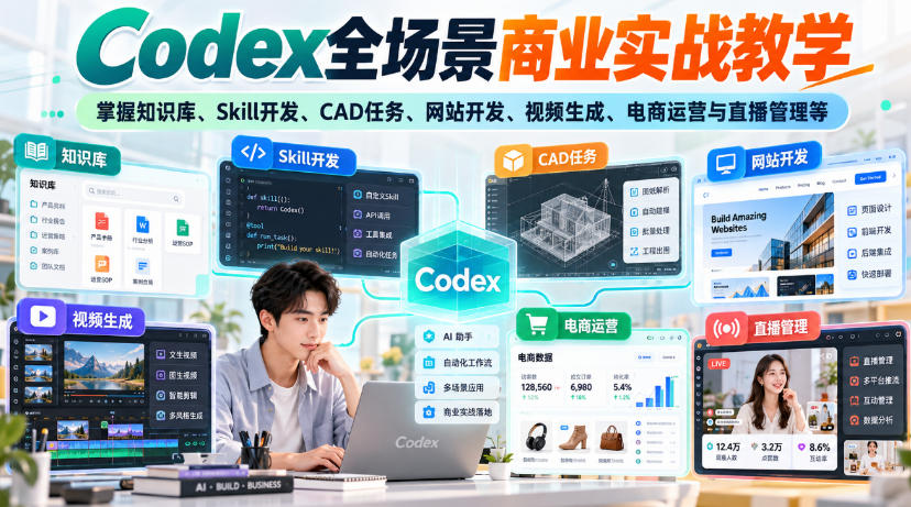 Codex全场景商业实战教学，掌握知识库、Skill开发、CAD任务、网站开发、视频生成、电商运营与直播管理等(更新1010)-造梦栈